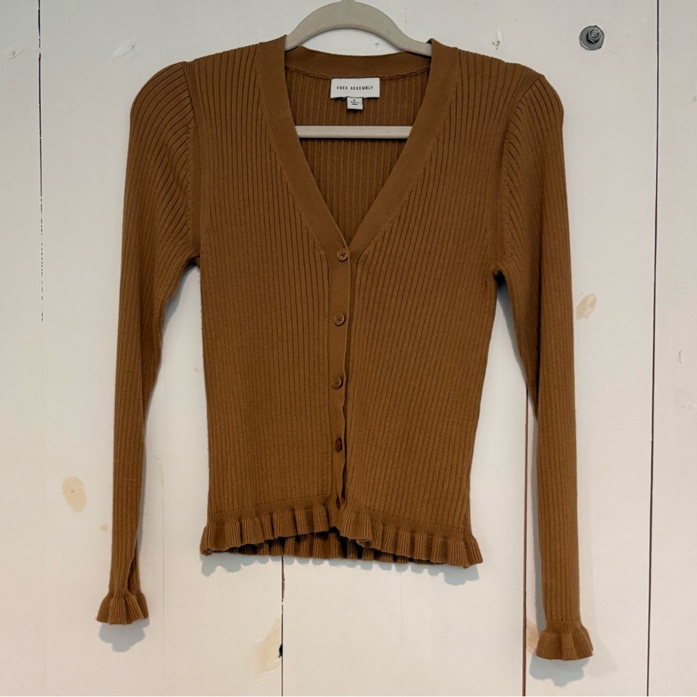 Tan V Neck Cardigan with ruffle detail